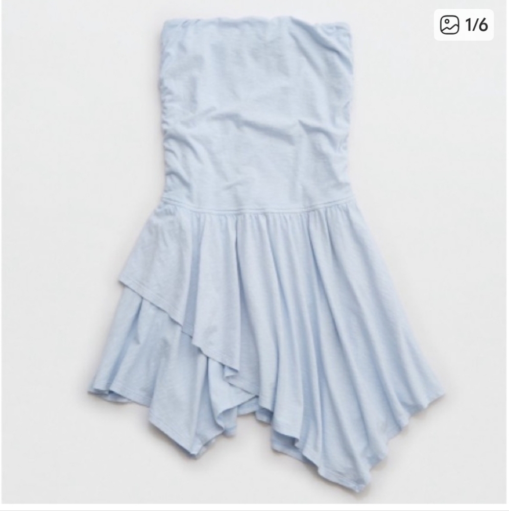 NWT Aerie Strapless Handkerchief Layers Ruffle Mini Dress Baby Blue Size XL